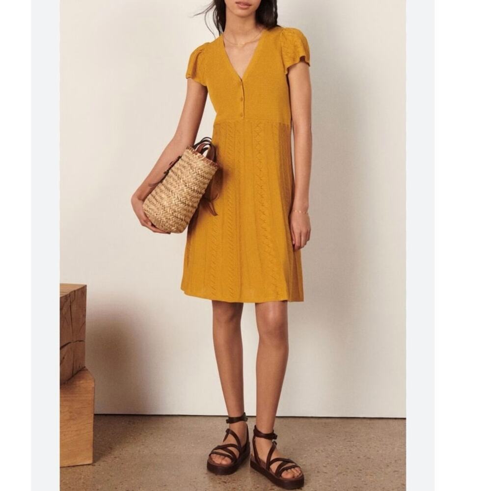 ba&sh Adana Pointelle Babydoll Cap Sleeve Knit Dress Mustard Yellow Lined Size 2